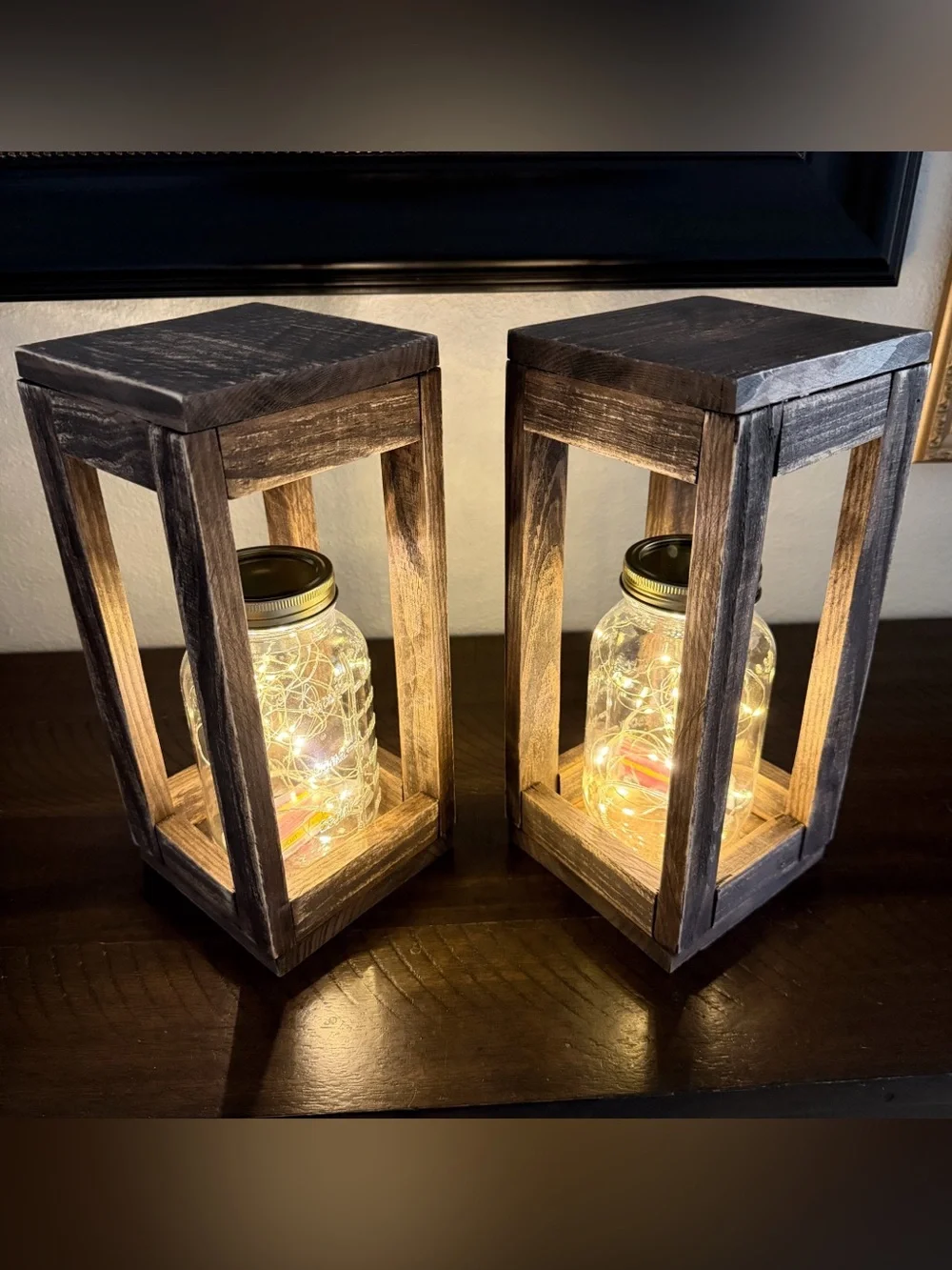 Solid Wood Fairy Lights Lantern Handmade Set of Two Brown